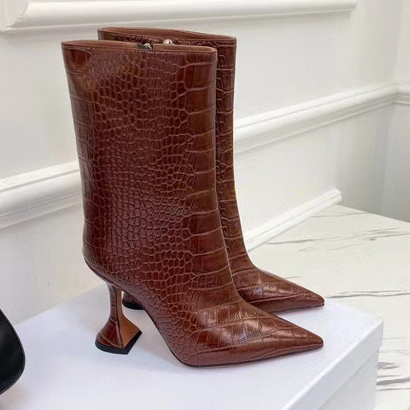 Snake pattern side zipper pointed high heeled wine glass heel knee high boots short boots women's boots