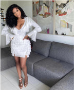 White V-Neck Fringed Long Sleeve Bandage Dress