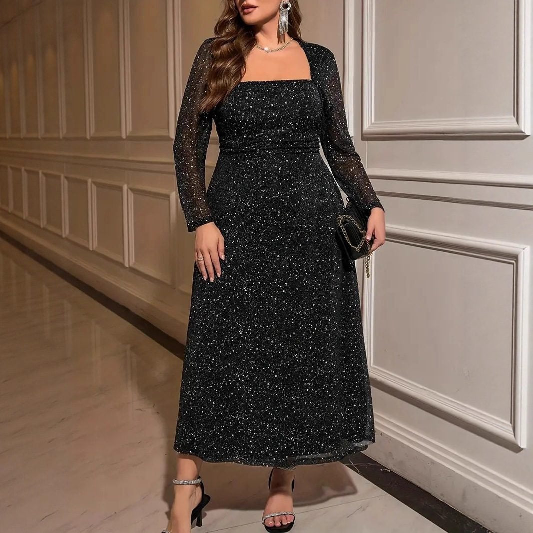 Vintage Square Neck Sequin Dress for Women Elegant Fitted Long Dress with Waist Definition