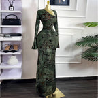 Printed Long Sleeve Asymmetrical Neckline High Elasticity Elegant Long Dress
