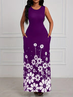 Printed Sleeveless Loose Round Neck Simple Elegant Dress