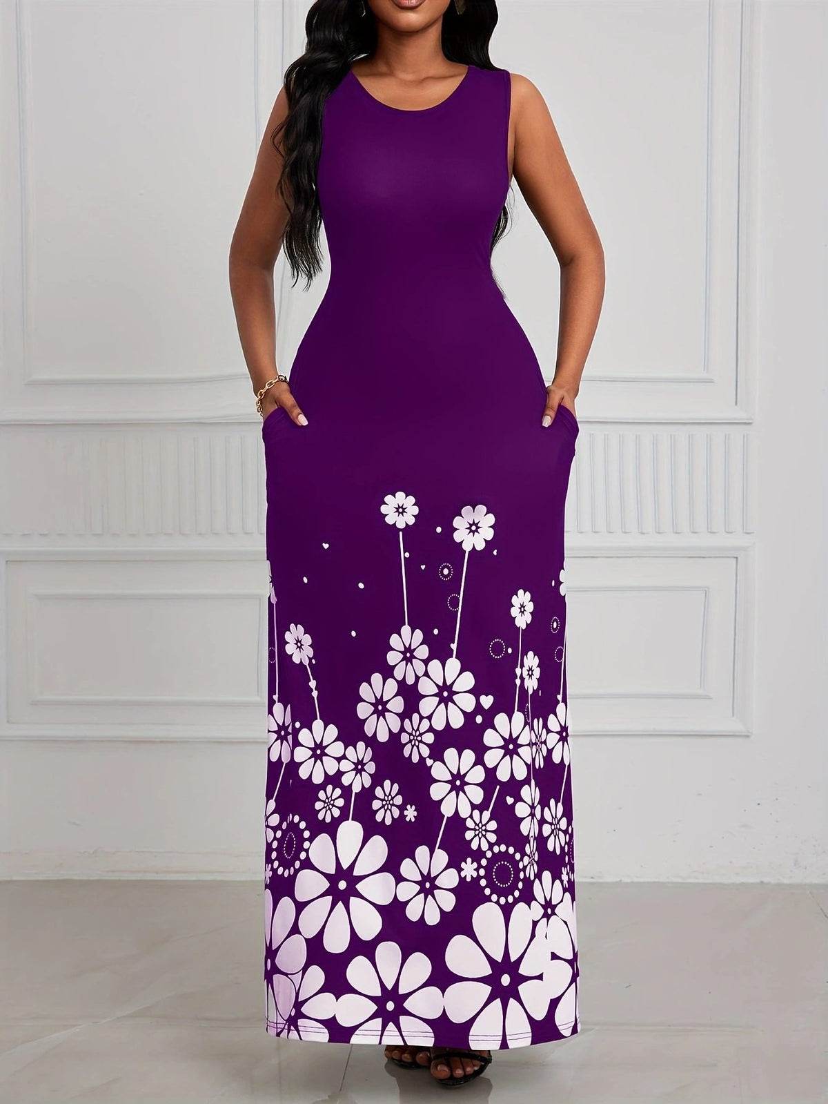 Printed Sleeveless Loose Round Neck Simple Elegant Dress