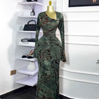 Printed Long Sleeve Asymmetrical Neckline High Elasticity Elegant Long Dress