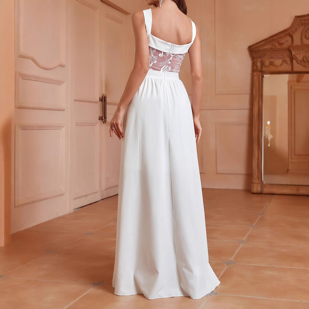 Backless Lace White Slit Evening Gown