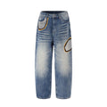Men's Distressed Faded Wash Denim Jeans with Embroidery Patches - Loose Straight Leg Hip Hop Style