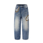 Men's Distressed Faded Wash Denim Jeans with Embroidery Patches - Loose Straight Leg Hip Hop Style