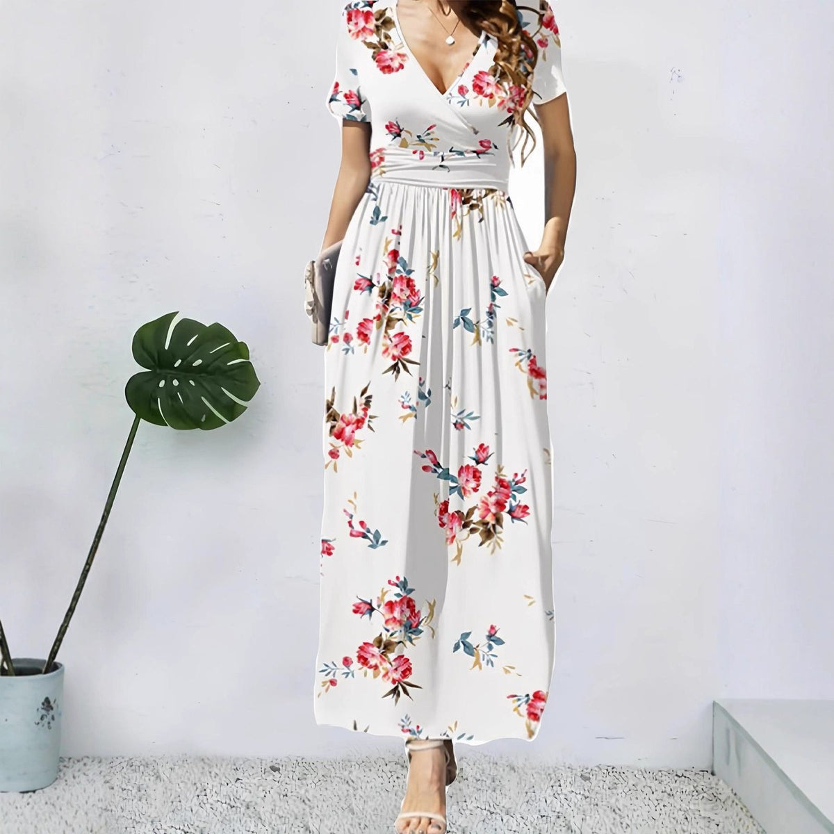 Elegant V-Neck Short Sleeve Wrap Dress with Pockets for Women