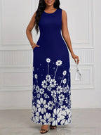 Printed Sleeveless Loose Round Neck Simple Elegant Dress