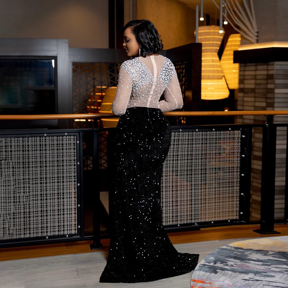 Round neck high slit dress formal dress
