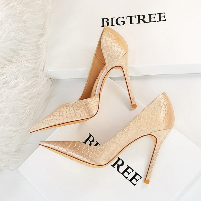 Thin heeled super high heels with shallow side hollow snake pattern silk high heels for women