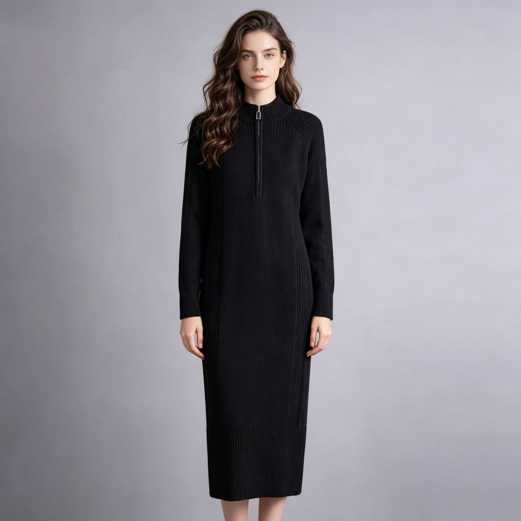 Half zip half high neck mid length skirt