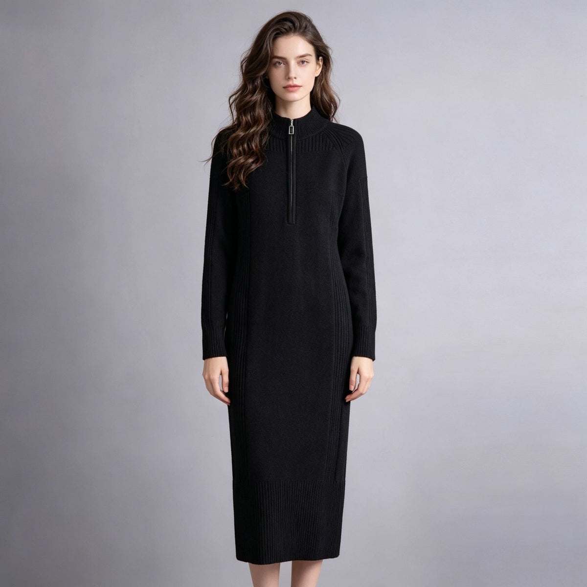 Half zip half high neck mid length skirt