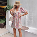 Cute Floral Print V-Neck Puff Sleeve Pleated Casual Loose Dress for Women