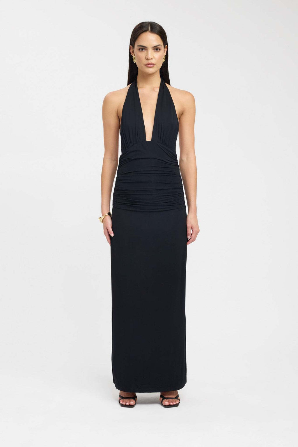 Deep V-Neck Tied Back Slit Solid Color Fitted Long Dress