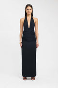 Deep V-Neck Tied Back Slit Solid Color Fitted Long Dress