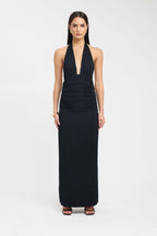 Deep V-Neck Tied Back Slit Solid Color Fitted Long Dress