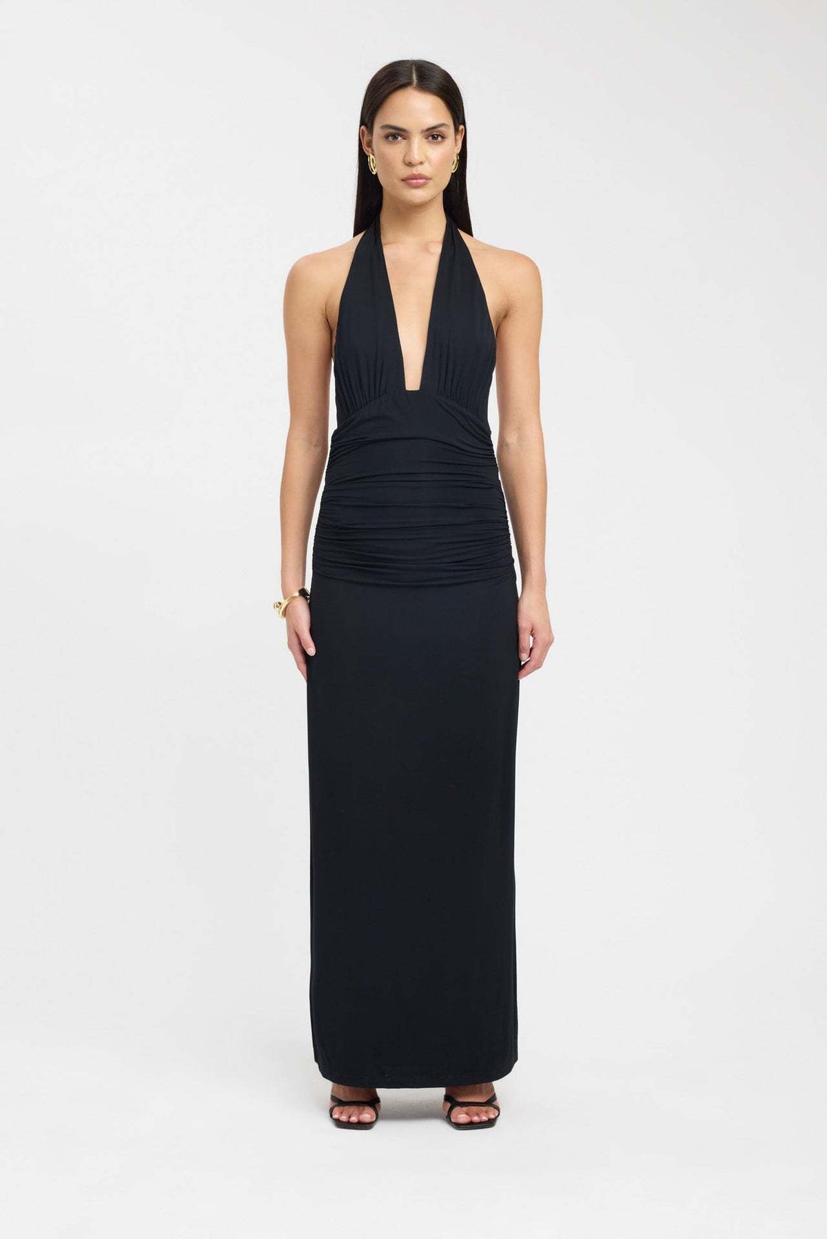 Deep V-Neck Tied Back Slit Solid Color Fitted Long Dress