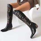 Western Cowboy Boots For Women High Heels Over the Knee Boots Ladies Pointed Toe Chunky Heel Cowgirl Boots