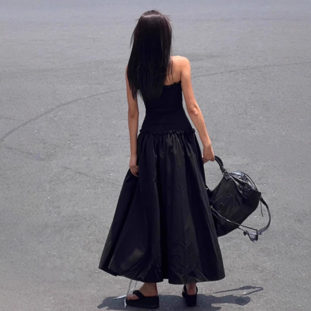 Strapless A-Line Tie-Waist Long Black Dress