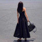 Strapless A-Line Tie-Waist Long Black Dress