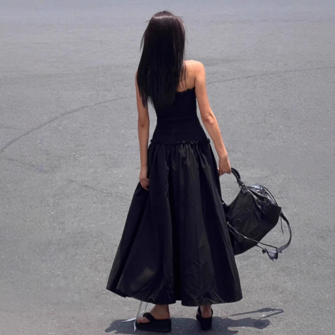 Strapless A-Line Tie-Waist Long Black Dress