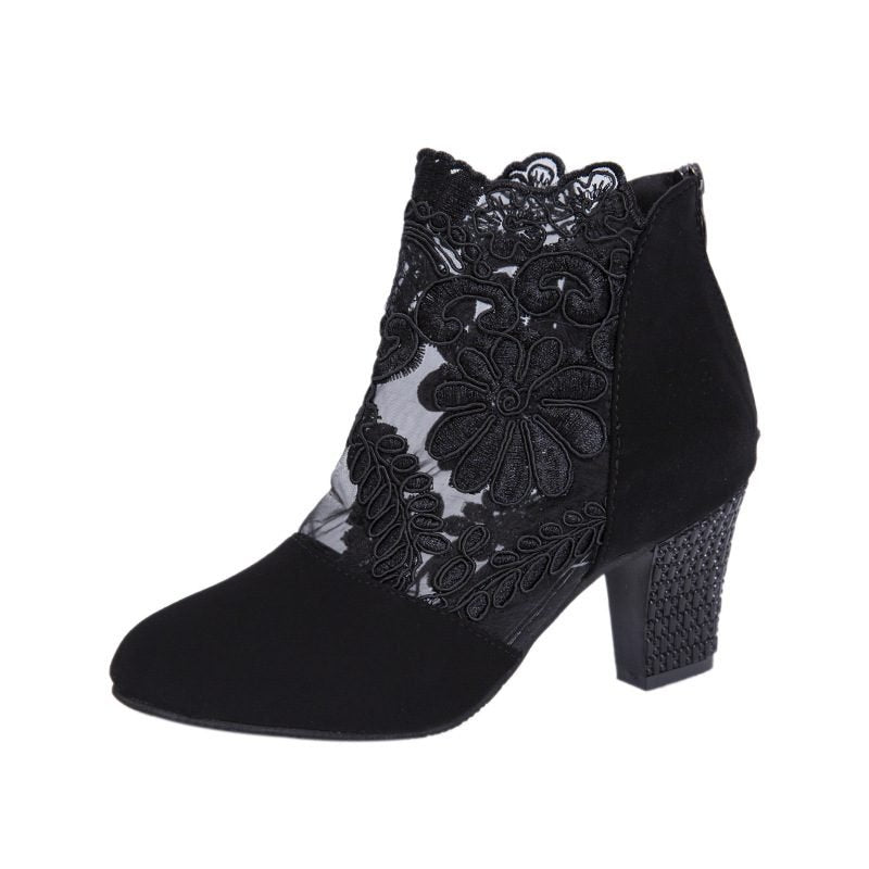 Lace Mesh High-Heeled Sandals Women European and American Style Round Toe Chunky Heel Roman Sandals Wholesale