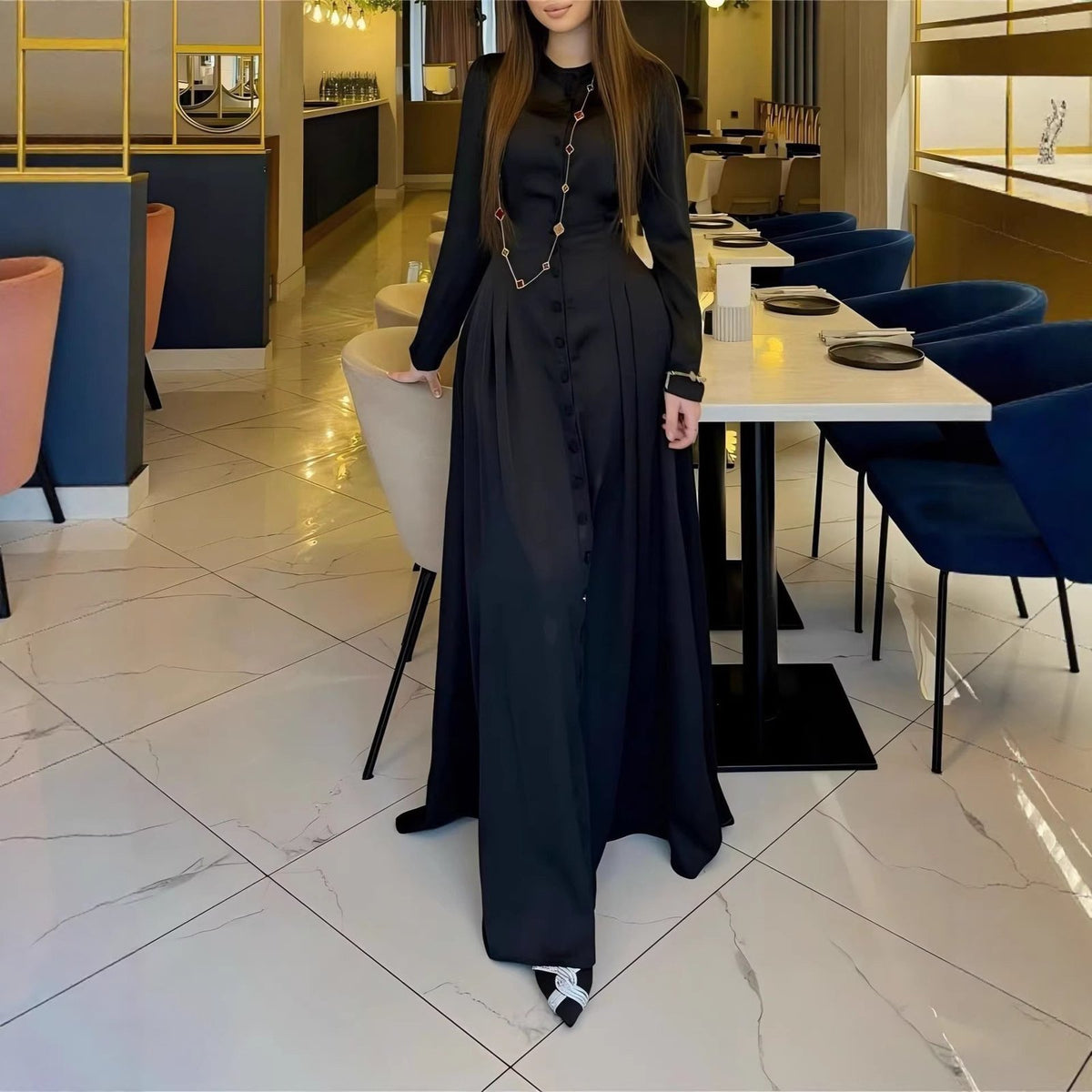 Style Solid Color Long Sleeve Buttoned Waist Fitted Dress