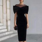 Chic Office Women's One-Shoulder Off-the-Shoulder Velvet Dress with Gold Thread