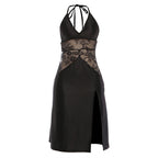 Style Lace Spliced V-neck Tie-back Strap Bodycon Dress