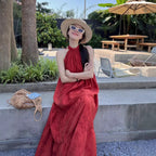 Red Strapless Dress for Women, Summer New Style, Vacation-inspired Design, Back Tie Detail, Elegant Loose Fit, Unique Long Dress