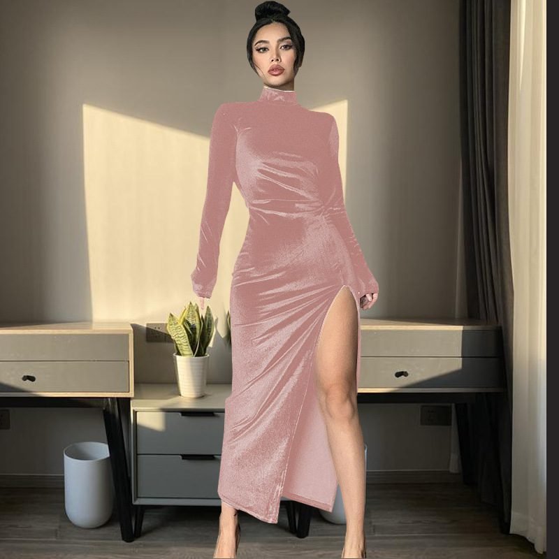 Women's High Neck Long Velvet Dress with Pleats and Slit Fitted SilhouetteAutumn/Winter Fashion