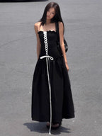 Strapless A-Line Tie-Waist Long Black Dress