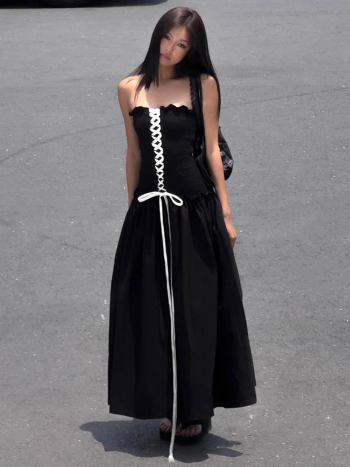 Strapless A-Line Tie-Waist Long Black Dress