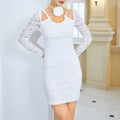 Elegant White Lace Long Sleeve Tie-Up Bodycon Dress