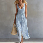 Fresh Blue and White Striped Sleeveless Long Dress with V-Neck, Waist-Tie, Side Split, Beach Dress