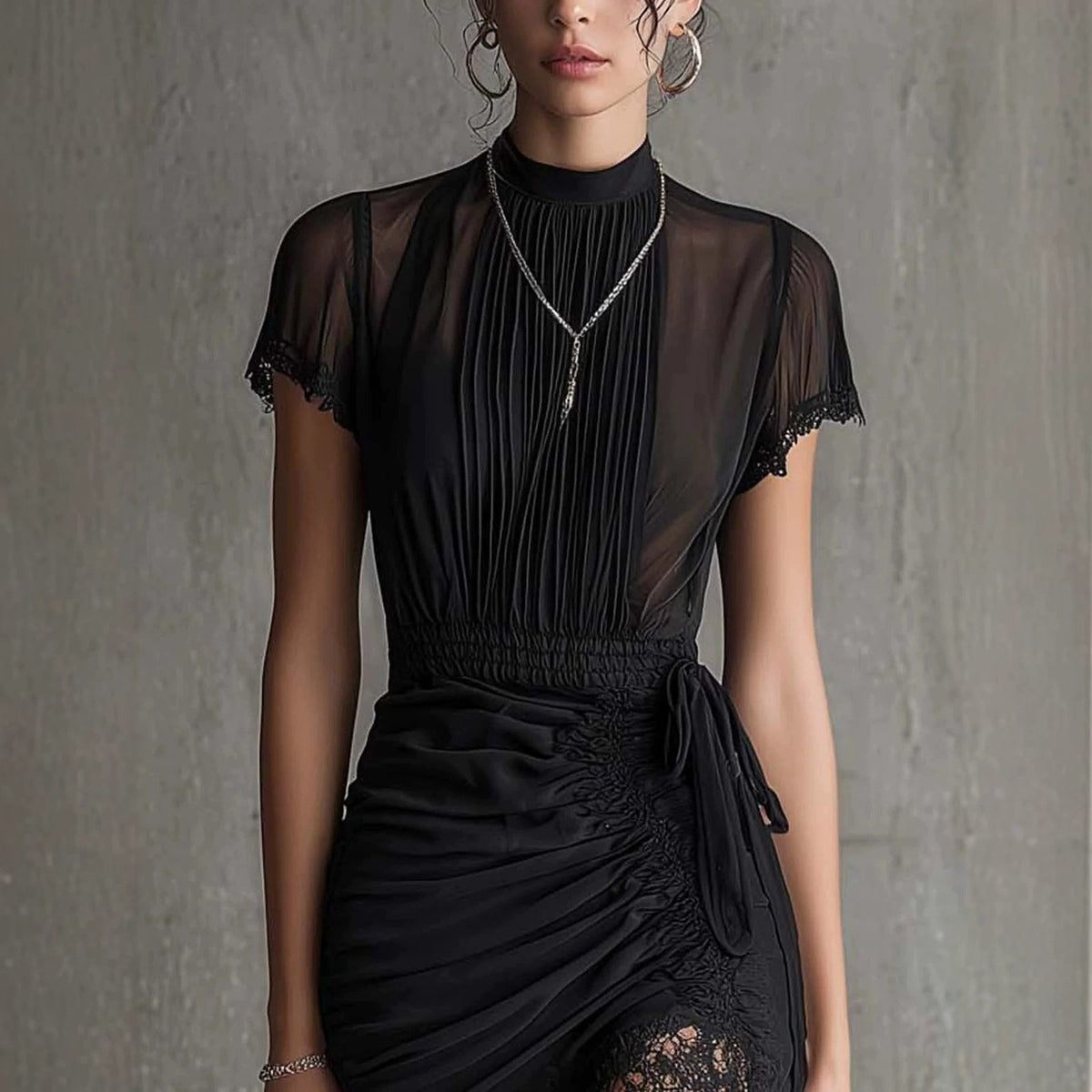 New European black see through lace patchwork dress, slim and tall, slit skirt with lace