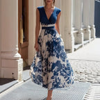 Elegant Long Sleeveless V-Neck Blue and White Porcelain Print Dress Summer Formal Dress