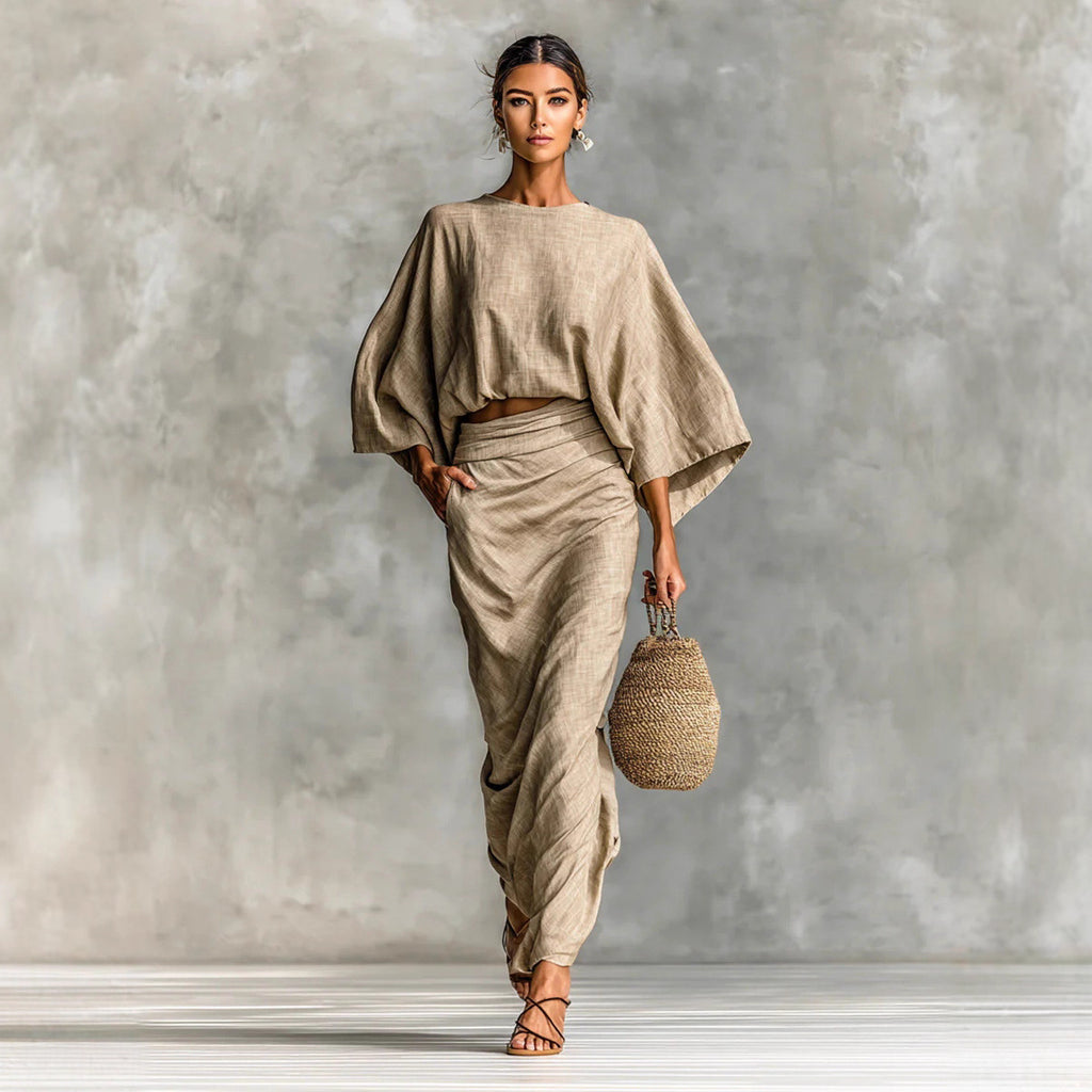 Casual Cotton Linen Women's Outfit Set Autumn Winter Batwing Sleeve Top with Pockets and Back Slit Long Dress