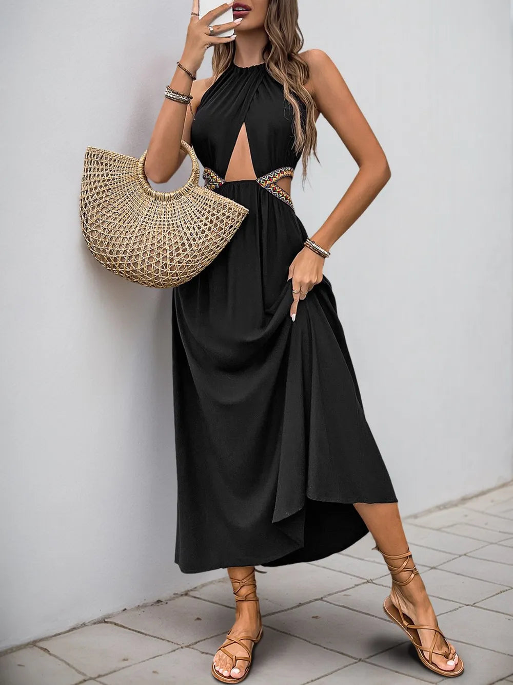 Cutout Grecian Neck Tied Back Dress