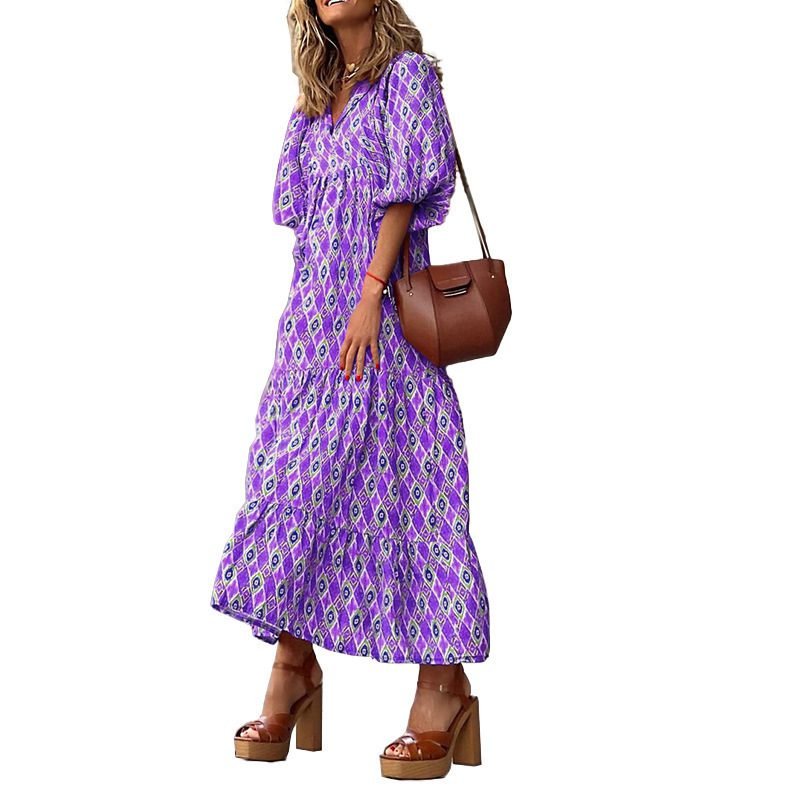 Bohemian Print Long Sleeve Maxi Dress for Women Fashion Spring Style Flowy Long Dress