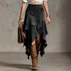 Retro Western Style Irregular Design Suede Skirt Solid Color Midi Skirt