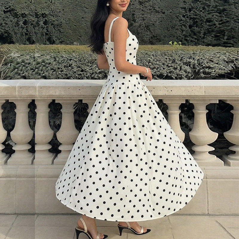 White Polka Dot Belted Strap Long Dress