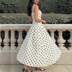 White Polka Dot Belted Strap Long Dress
