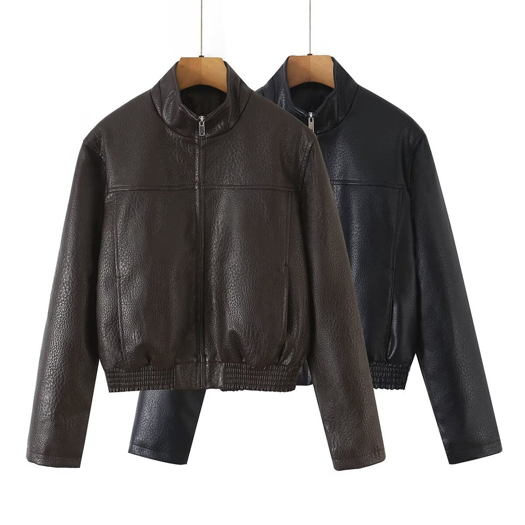 Long Sleeve PU Leather Zipper Lapel Loose Cropped Women's Jacket