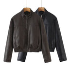 Long Sleeve PU Leather Zipper Lapel Loose Cropped Women's Jacket