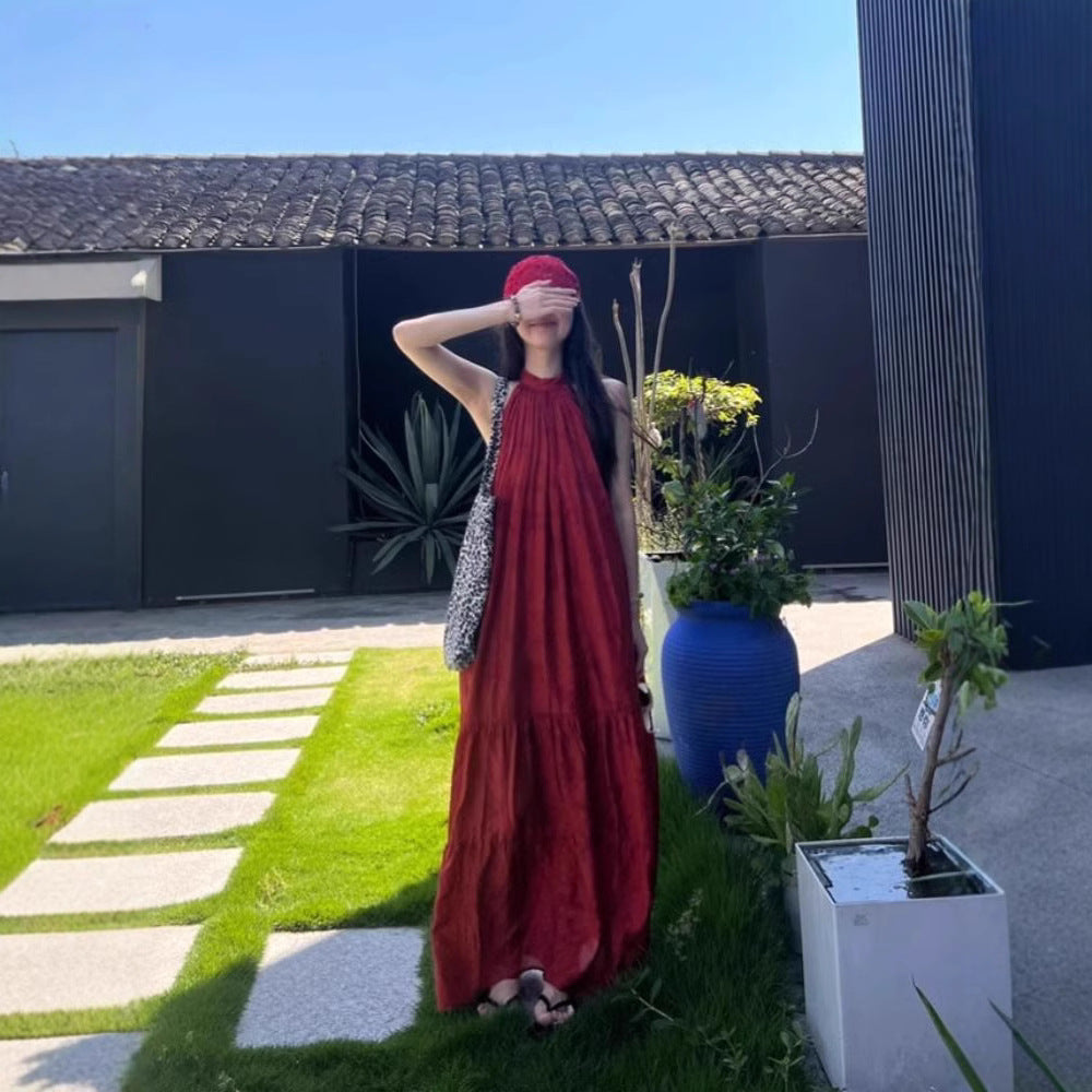 Red Strapless Dress for Women, Summer New Style, Vacation-inspired Design, Back Tie Detail, Elegant Loose Fit, Unique Long Dress