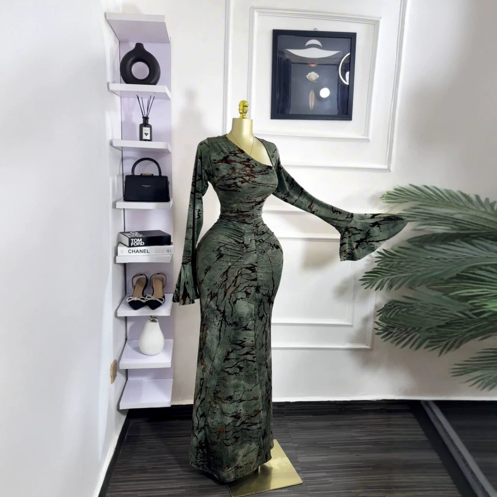 Printed Long Sleeve Asymmetrical Neckline High Elasticity Elegant Long Dress