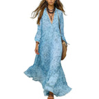 Leopard Print Chiffon Long Dress Deep V-Neck Three-Quarter Sleeve Flared Beach Vacation Dress