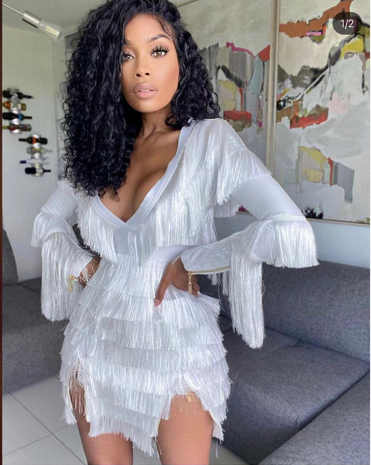 White V-Neck Fringed Long Sleeve Bandage Dress