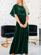 Romantic New Spring Summer Short Sleeve Sexy Elegant Velvet Round Neck Dress with Fashion 3D Decoration